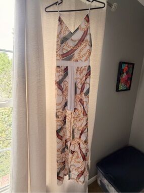 Rue21 White Maxi Dress with Gold Chain & Black-Red Stripe Print